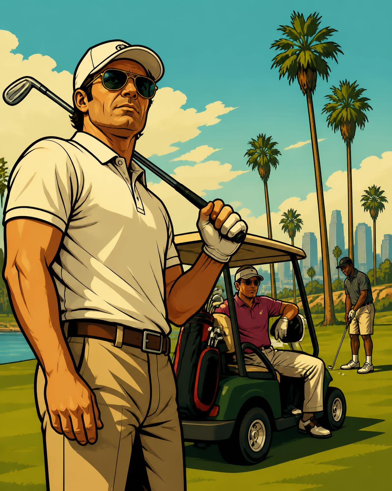 Four-ball on the course: a player with an iron over his shoulder, cart and partners behind